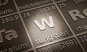 Highlight on chemical element Tungsten in periodic table of elements. 3D rendering