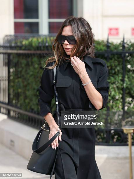 Victoria Beckham is seen leaving 'La Reserve' during the Fashion week on March 02, 2022 in Paris, France.