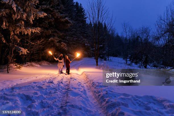 bruder und schwester wandern im winterwald mit fackeln - fackel stock-fotos und bilder