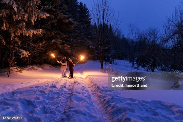 brother and sister walking in winter forest with torches - fakkel stockfoto's en -beelden