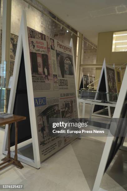 Newspaper covers and other pieces at the opening of the exhibition 'El terror en portada, 60 años de terrorismo en España a traves de la prensa', in...