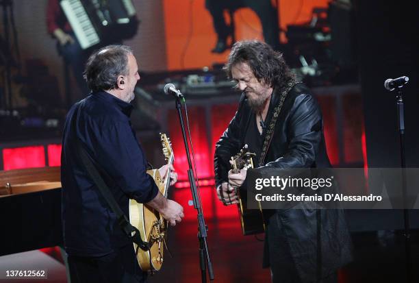 Ivano Fossati and Zucchero 'Sugar' Fornaciari perform at "Che Tempo Che Fa" Italian TV Show on January 23, 2012 in Milan, Italy.