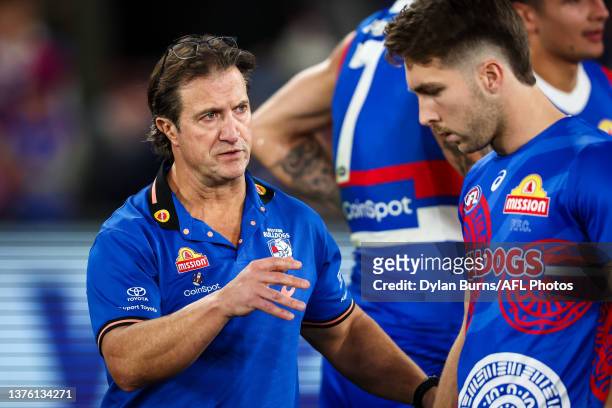Luke Beveridge, Senior Coach of the Bulldogs is seen during the 2023 AFL Round 16 match between the Western Bulldogs and the Fremantle Dockers at...