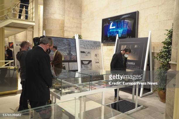 Several people at the opening of the exhibition 'El terror en portada, 60 años de terrorismo en España a traves de la prensa', in the hall of the...