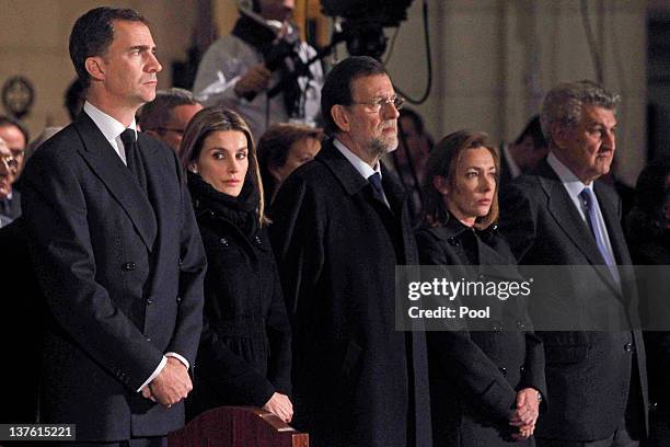 Prince Felipe of Spain, Princess Letizia of Spain, Spanish Prime Minister Mariano Rajoy and his wife Elvira Fernandez attend the funeral mass of...