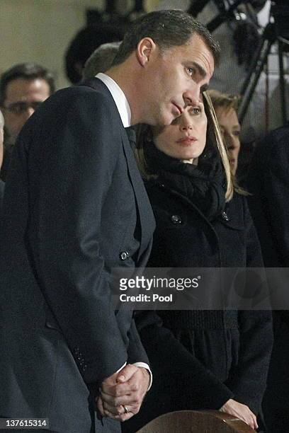 Prince Felipe of Spain and Princess Letizia of Spain attend the funeral mass of Manuel Fraga Iribarne held in La Almudena Cathedral on January 23,...