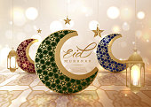 Eid mubarak, Eid al adha, Eid al fitr, greetings card poster with realistic crescent moon and star vector banner