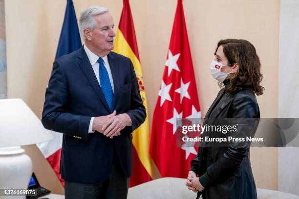 The President of the Community of Madrid, Isabel Diaz Ayuso, receives the chief negotiator of the European Union for the Brexit, Michel Barnier, at...