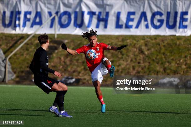 Jadon Da Silva Moreira Diego Manuel of SL Benfica is challenged by Fischer Mikkel Rosleff of FC Midtjylland during the UEFA Youth League Round Of...