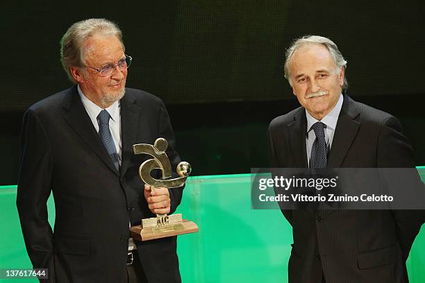 Giampaolo Pozzo and Fabrizio Larini attend the Gran Gala del calcio Aic 2011 awards ceremony at Teatro dal Verme on January 23, 2012 in Milan, Italy.