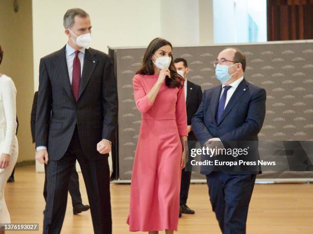 King Felipe VI and Queen Letizia talk with the Minister of Culture and Sports, Miquel Iceta, upon their arrival at the ceremony for the awarding of...