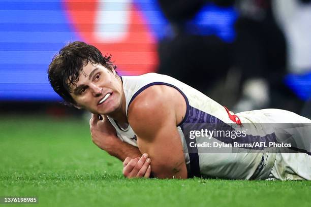 Lachie Schultz of the Dockers grabs his shoulder during the 2023 AFL Round 16 match between the Western Bulldogs and the Fremantle Dockers at Marvel...