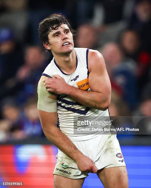 Lachie Schultz of the Dockers grabs his shoulder during the 2023 AFL Round 16 match between the Western Bulldogs and the Fremantle Dockers at Marvel...