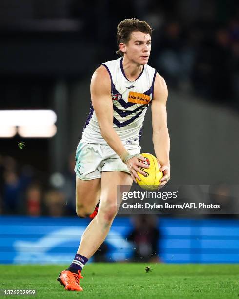 Caleb Serong of the Dockers in action during the 2023 AFL Round 16 match between the Western Bulldogs and the Fremantle Dockers at Marvel Stadium on...