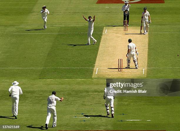 Zaheer Khan of India celebrates after taking the wicket of David Warner of Australia during day one of the Fourth Test Match between Australia and...