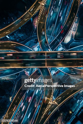 Top View of Overpass and Road Intersection at Night Top View of Overpass and Road Intersection at Night