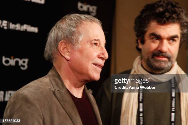 Musician Paul Simon and director Joe Berlinger attend the "Under African Skies" Official Cast After-Party at The Bing Bar on January 22, 2012 in Park...