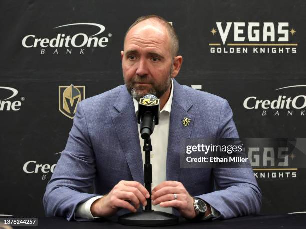 Head coach Peter DeBoer of the Vegas Golden Knights attends a news conference after a game against the San Jose Sharks at T-Mobile Arena on March 01,...