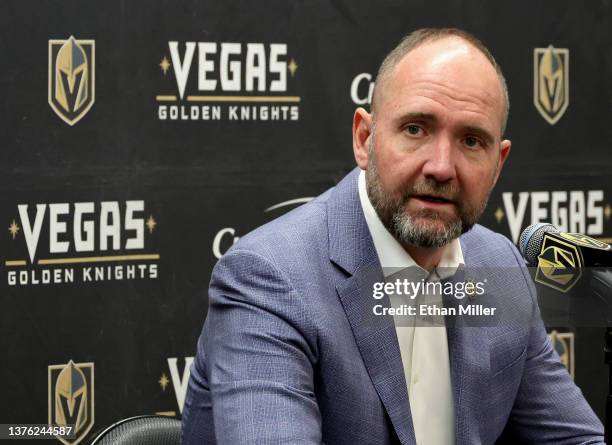 Head coach Peter DeBoer of the Vegas Golden Knights speaks during a news conference after a game against the San Jose Sharks at T-Mobile Arena on...