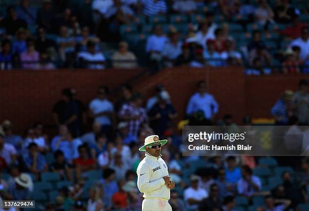 Virender Sehwag of India looks on during day one of the Fourth Test Match between Australia and India at Adelaide Oval on January 24, 2012 in...