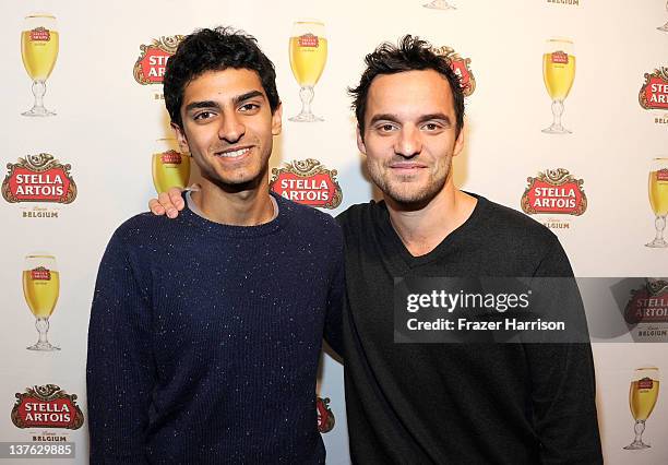 Actor Karan Soni and Jake Johnson attend the "Safety Not Guaranteed" press event hosted by Stella Artois at the Cutting Room at T-Mobile Google Music...