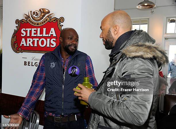 Sammi Rotibi and musician Common attend a filmmakers luncheon at the Stella Artois Cafe during the 2012 Sundance Film Festival on January 23, 2012 in...