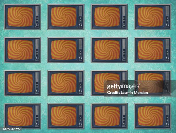 retro television group of sets on wall - wow icon stock pictures, royalty-free photos & images