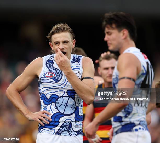 Hugh Greenwood of the Kangaroos after the loss during the 2023 AFL Round 16 match between the Adelaide Crows and the North Melbourne Kangaroos at...