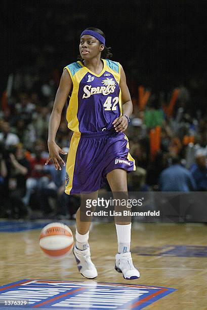 Nikki Teasley of the Los Angeles Sparks starts upcourt in game one of the 2002 WNBA Finals against the New York Liberty on August 29, 2002 at Madison...