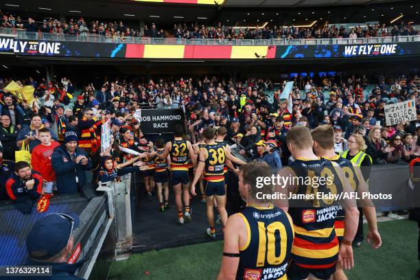 The crows celebrate their win during the 2023 AFL Round 16 match between the Adelaide Crows and the North Melbourne Kangaroos at Adelaide Oval on...