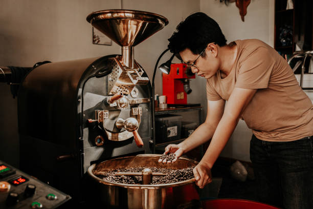 a young asian coffee roaster is using a professional roaster to roast coffee - professional coffee roaster stock pictures, royalty-free photos & images