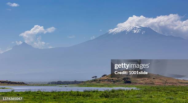 amboseli lake, observation hill und kilimanjaro mountain (mawenzi und kibo peaks) - amboseli nationalpark stock-fotos und bilder