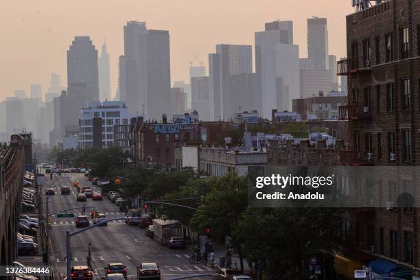 View of the city as smoke from wildfires in Canada shrouds sky on June 30, 2023 in New York City, United States. Canadian wildfires smoke creating a...