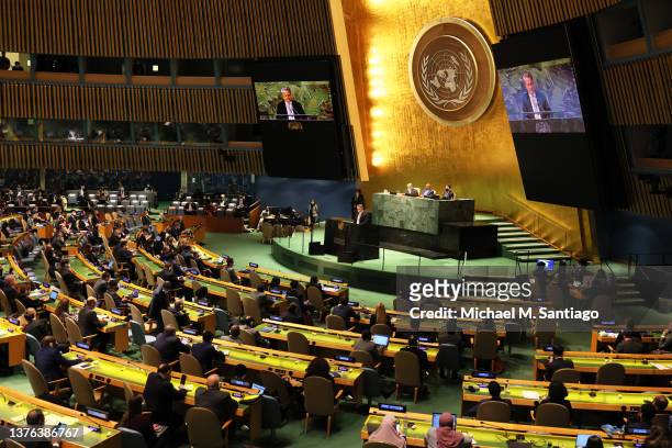 Sergiy Kyslytsya, Permanent Representative of Ukraine to the United Nations, speaks during a special session of the General Assembly at the United...