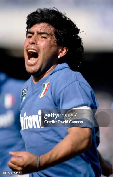 Diego Maradona of Napoli celebrates a goal during an Italian Serie A match against AC Milan at the San Paolo Stadium in May 1988 in Naples, Italy.