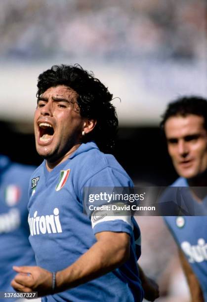 Diego Maradona of Napoli celebrates a goal during an Italian Serie A match against AC Milan at the San Paolo Stadium in May 1988 in Naples, Italy.