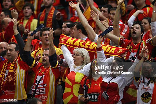 Fans of Maqcedonia celebrate their team during the Men's European Handball Championship second round group one match between Poland and Macedonia at...