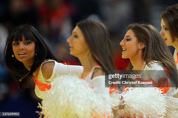 Cheerleaders dance during the Men's European Handball Championship second round group one match between Poland and Macedonia at Beogradska Arena on...