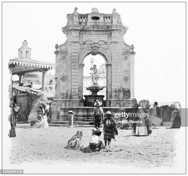 antique travel photographs of mexico: fountain, queretaro - triton stock illustrations