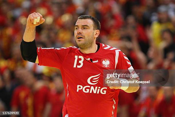 Bartosz Jurecki of Poland celebrates a goal during the Men's European Handball Championship second round group one match between Poland and Macedonia...