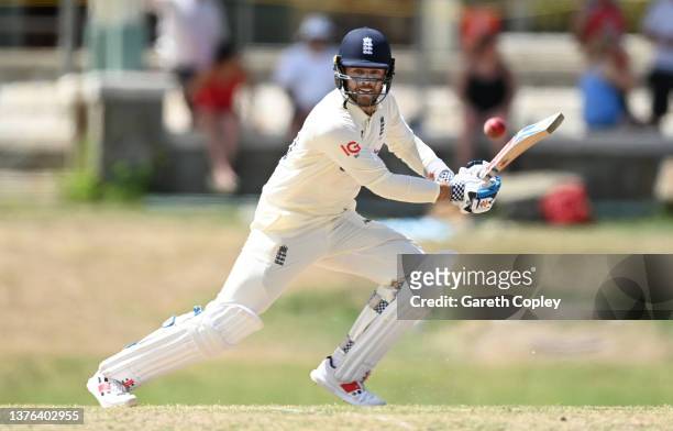Ben Foakes of England bats during day two of the tour match between West Indies President's XI and England XI at Coolidge Cricket Ground on March 02,...
