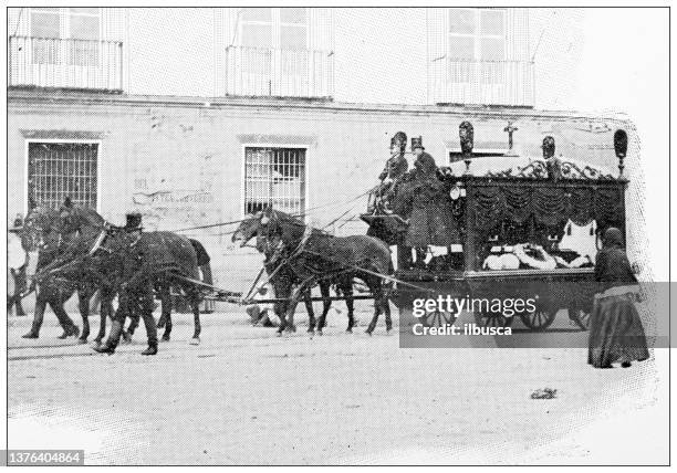 ilustraciones, imágenes clip art, dibujos animados e iconos de stock de fotografías de viajes antiguas de méxico: ciudad de méxico, coche fúnebre - coche-de-caballos