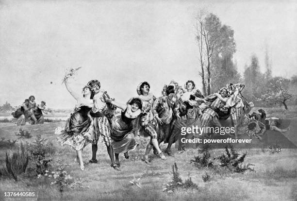 revellers/farandole of dancers, painting by émile bayard - 19th century - line dancing stock illustrations