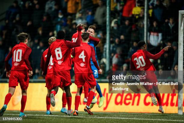 The team of FC Salzburg reacts after the UEFA Youth League Round Of Sixteen match between MSK Zilina and FC Salzburg at Stadion MSK Zilina on March...