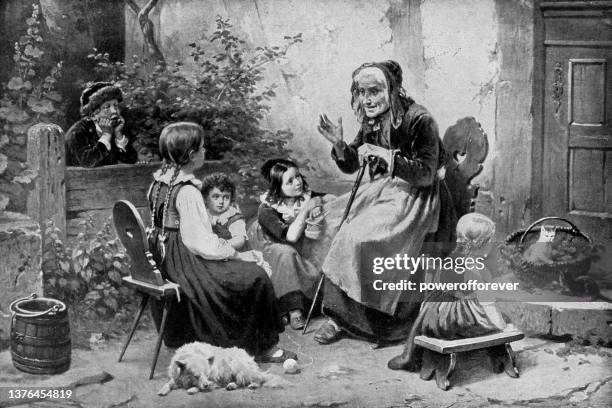 grandmother’s story/scenery with an old lady telling stories to the kids, painting by hermann werner - 19th century - granddaughter stock illustrations