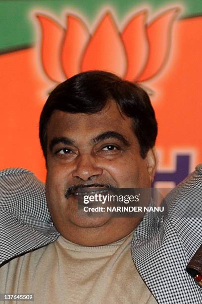 Bharatiya Janata Party President Nitin Gadkari greets his supporters during an election campaign rally in Amritsar on January 24, 2012. The state...