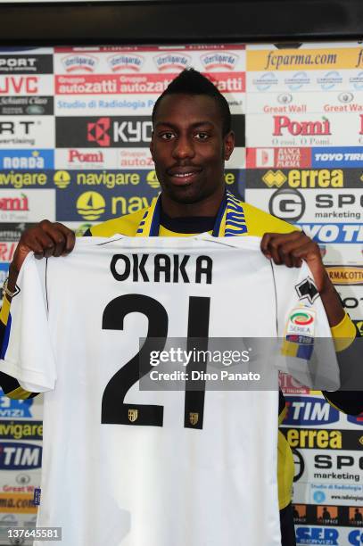 Parma FC's new loan signing Stefano Okakaposes during a Parma FC Press conference held close to the Parma FC training centre on January 24, 2012 in...