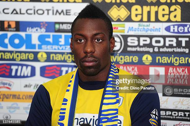 Parma FC's new loan signing Stefano Okaka speaks to the media during a Parma FC Press conference held close to the Parma FC training centre on...