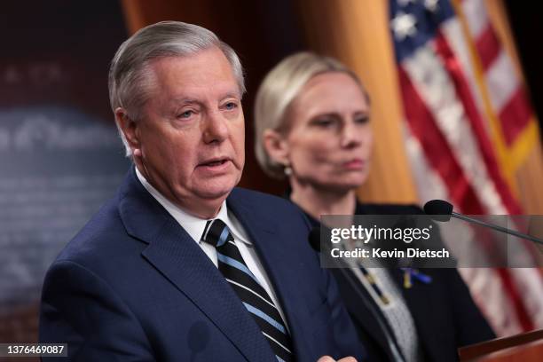 Sen. Lindsey Graham and Ukrainian-American Rep. Victoria Spartz speak to reporters on Russia's invasion of Ukraine at the U.S. Capitol on March 02,...