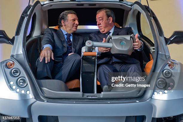 Commission President Jose Manuel Barroso and Jesus Echave, chairman of the HIRIKO-AFYPAIDA corporate consortium, sit in the first prototype of the...